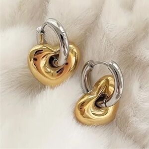 NEW Trendy Two-Tone Heart Earrings with Peach Heart Dangles and a Glossy Finish